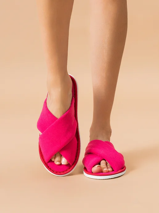 Тапочки домашние женские махровые с открытым носом ИвШуз, темно-розовые — фото 2