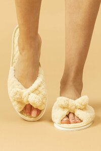 Тапочки домашние женские с бантом, соты бежевые — фото 3
